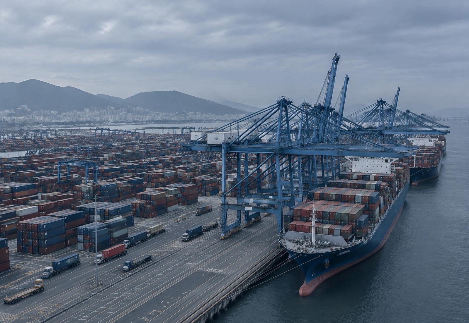 Container port with gantry cranes loading a cargo vessel
