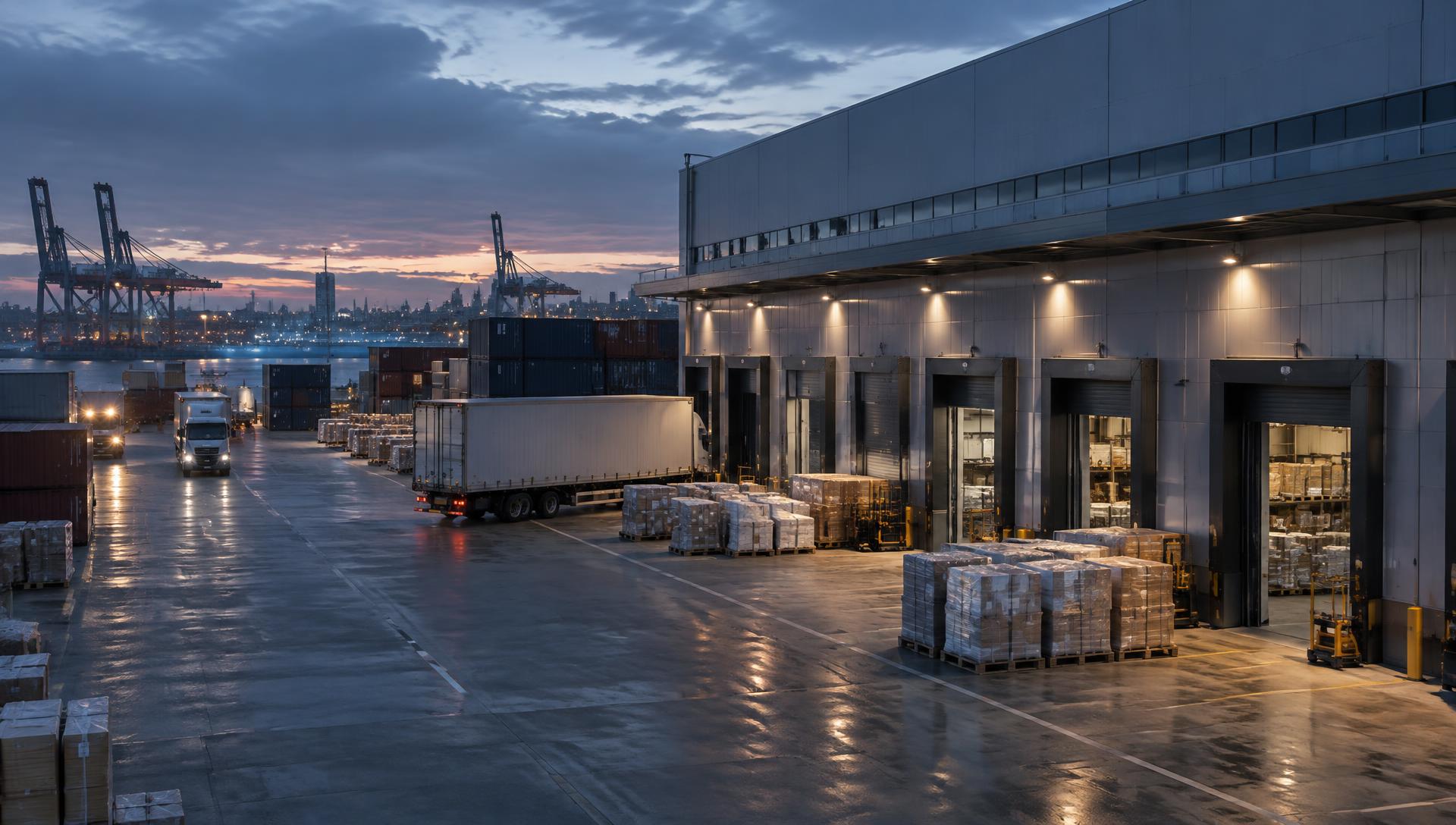 Freight loading docks and container yard at a distribution facility