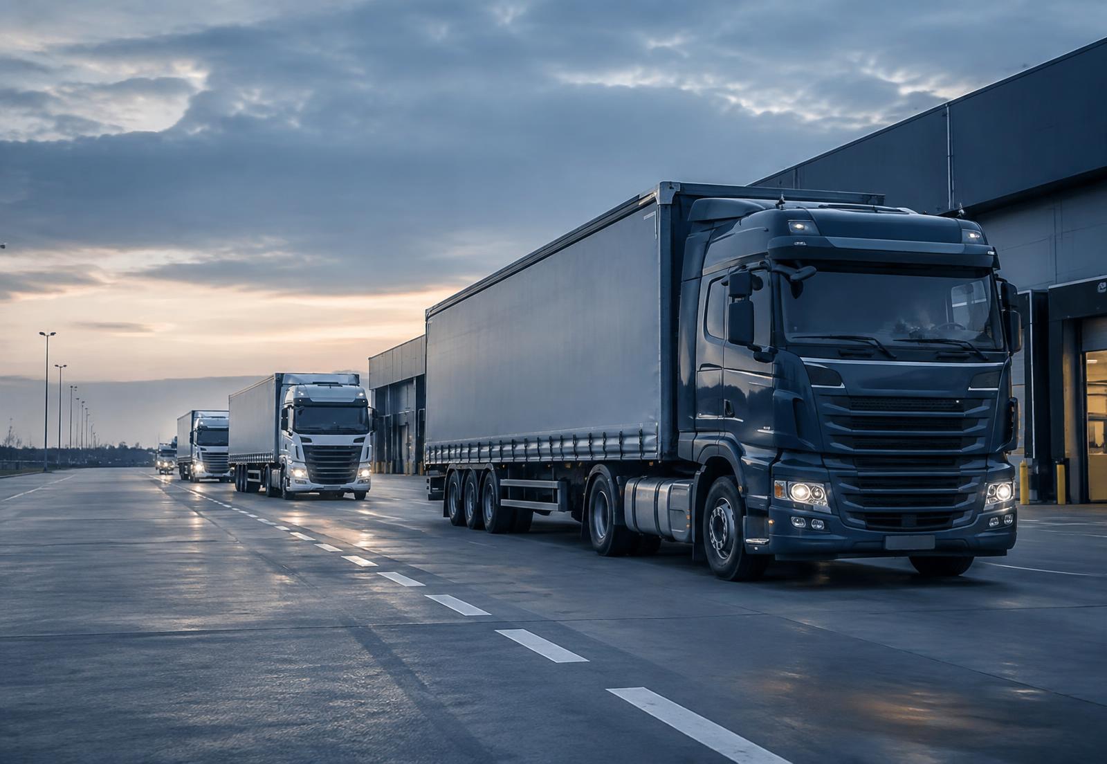 Freight trucks staged at a distribution terminal