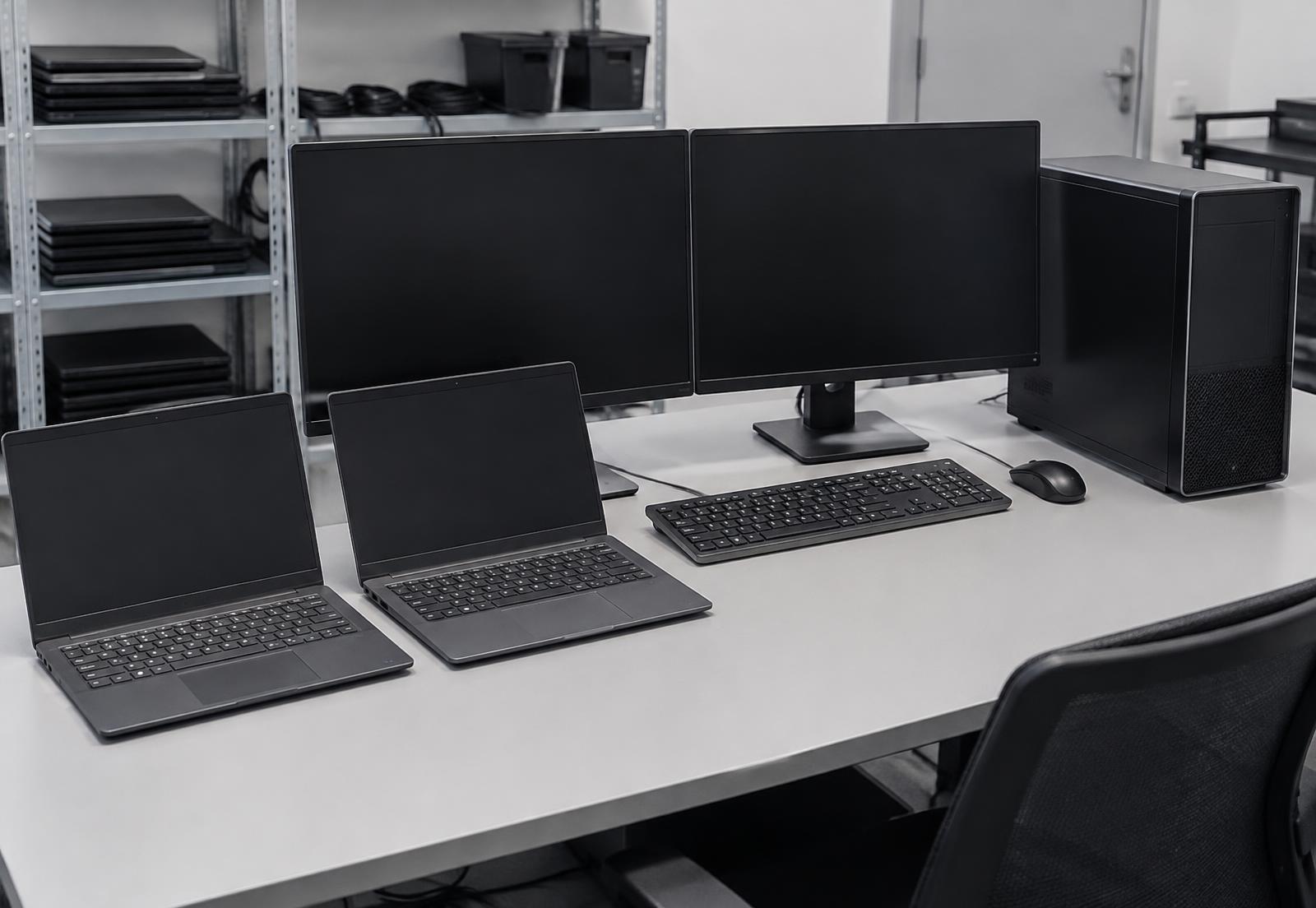 Business laptops, a workstation tower and monitors staged for deployment